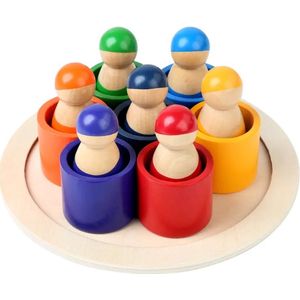 Houten regenboog poppetjes in bakjes - 7 stuks - Regenboogkleuren - Open einde speelgoed - Educatief montessori speelgoed - Grapat en Grimmsstyle