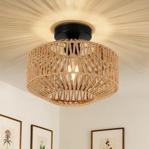 Hangende rotan plafondlamp met boho lampenkap - vintage bamboe design - rustieke woonkamer decoratie - boho mandlamp voor slaapkamer, keuken en gang- 123voordeellampen.nl