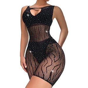 Sexy Rhinestone Bodysuit voor Dames - Mesh Fishnet Romper Jumpsuit