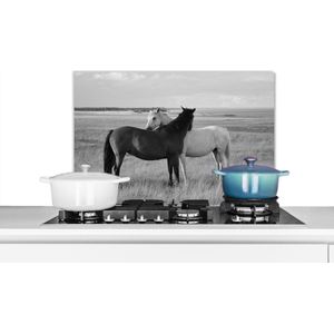 Spatscherm keuken 70x50 cm - Kookplaat achterwand Paarden - Dieren - Portret - Zwart wit - Platteland - Muurbeschermer - Spatwand fornuis - Hoogwaardig aluminium