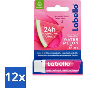 12 x Labello Lippenbalsem Blister Watermelon Shine 4.8 gr - Lippenbalsem - Hydraterende Lippenbalsem - Roze Glans - Watermeloen Lippenbalsem - Vegan Lippenbalsem