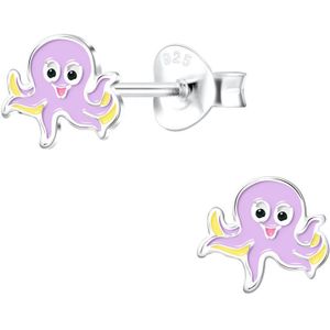 Joy|S - Zilveren octopus oorbellen - lila paars met geel - 7 mm