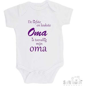 100% katoenen Romper ""De liefste en leukste Oma is toevallig mijn oma"" Meisjes Katoen Wit/paars Maat 62/68