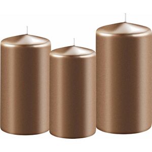 Set van 3x stuks koperen stompkaarsen 10-12-15 cm met diameter 6 cm - Sfeer kaarsen voor binnen