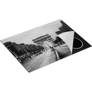 Chefcare Inductie Beschermer Arc de Triomphe in Parijs vanaf de Straat - Zwart Wit - 70x55 cm - Afdekplaat Inductie - Kookplaat Beschermer - Inductie Mat