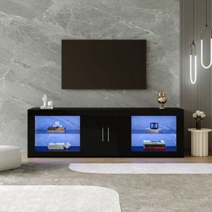 Sweiko Moderne Zwarte TV Kast voor 60-inch TV's; 16-kleuren LED, Bluetooth-bediening; glanzende kastdeuren, verstelbare planken, stille scharnieren, stijlvolle opbergkast