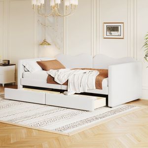 Sweiko 90x200cm Kinderbed, Slaapbank met 2-laden, Teddybeerbedframe, Multifunctioneel zacht bed met rugleuning en armleuningen, Wit jeugdbed (Ween matras)