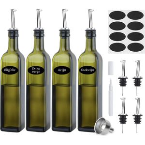 Olieflessen - 4 Delige Set - 500ML - Groen - Met RVS Schenktuit, Trechter, Stickers & Stift - Oliefles Glas - Olie- en Azijnstel - Glazen Oliefles - Olijfolie Fles - Kan