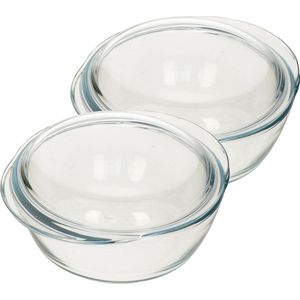 2x Ronde glazen ovenschalen met deksel 2,1 liter 22 x 13 x 5 cm - Ovenschaal/braadslede - Ovenschotel schalen - Bakvorm