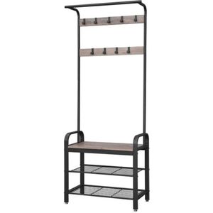 NumberOne® Vintage Kapstok Met Schoenenrek Metalen Frame - Schoenen Opbergbank - Anti-tip Riemen – Grijs - Garderobe