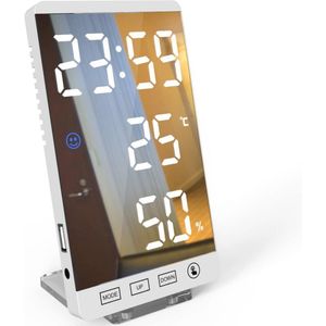 LED Spiegel Wekker met Temperatuur en Vochtigheid | Verstelbare Helderheid | Wand- en Tafelklok