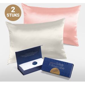 Slowwave Premium Silk Pillowcase - Extra voordelig colorpack: Cherry Blossom (Roze) en Off-white - Ervaar het beste zijden kussensloop - 100% Mulberry zijde - 22 momme - Hoogste kwaliteit (grade 6A) - 60x70cm
