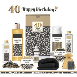 Geschenkset “40 Jaar Happy Birthday!” - 9 producten - 800 gram | Giftset voor haar - Cadeau Vrouw Veertig jaar - Luxe wellness cadeaubox - Gefeliciteerd Pakket - Gift Set Verjaardag - Geschenk Party Cadeaupakket - Verjaardagscadeau -Panter Zwart Goud