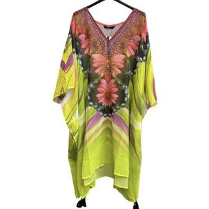 Kaftan/tuniek half transparant met steentjes 39/S One size 95/92cm 38-50 groen/roze/paars