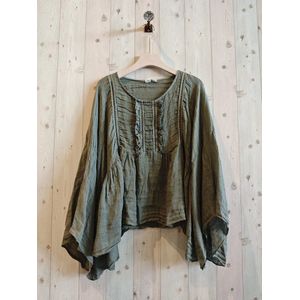 Linnen boho top met vlinder mouwen - broderie voor kant - oversized - korte blouse - MILITAIR GROEN