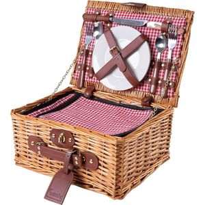 Rieten Picknickmand voor 2 Personen met Isothermisch Compartiment - Rood en Wit Geruit Patroon 35 x 27 x 16 cm picnic basket