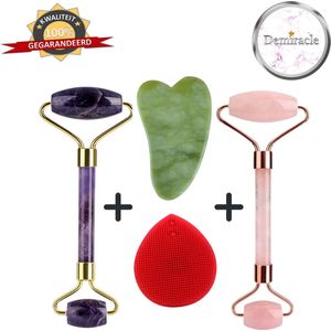 Demiracle Amethist en Rose Quartz Face Roller met Gua Sha Jade schraper en Rode Gezichtsreinigingsborstel – Gezichtsmassage – Massagetools – Massage - Ontspanning – Kwaliteit