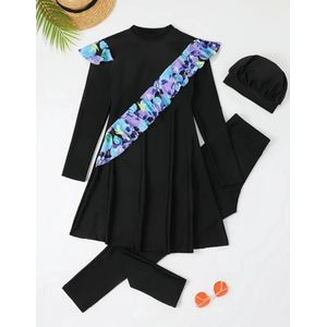 Prachtige sexy elegante corrigerende 3 delige lange badpak set zwart boerkini burkini met gekleurde ruffle schouders incl. hoofdmuts maat XL