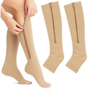 Duopack Compressie Kousen Met Rits I Compressie Sokken I Steunkousen I Vliegtuigsokken I Anti Vermoeidheid I Maat L/XL (40-45) I Beige