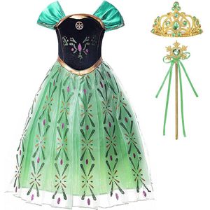 Prinsessenjurk meisje - Anna groene jurk - Het Betere Merk - Prinsessen speelgoed - maat 98/104 (110)- Verkleedkleren Meisje- Tiara - Kroon - Toverstaf prinses - Verjaardag meisje - Carnavalskleren meisje - Kleed