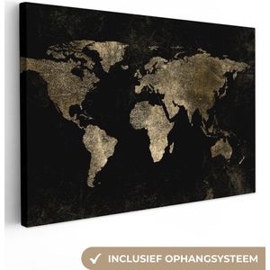 Canvas schilderij - Wereldkaart zwart en goud 60x40 - Kamer decoratie accessoires - Schilderijen wereld kaart woonkamer - World map wanddecoratie slaapkamer - Muurdecoratie keuken - Wanddoek interieur - Woondecoratie huis - Woonaccessoires