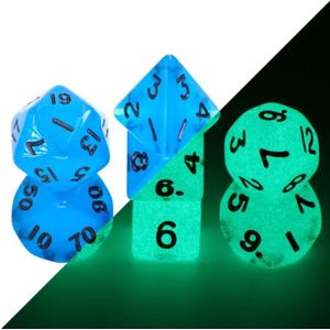 Vera's Arts & Dice | Mini Dobbelstenen Set voor RPGs als Dungeons and Dragons | 7 stuks per set | Mini Glow in the Dark Blue | Glow in the Dark Blauw met Zwarte Cijfers | Met Dice Bag