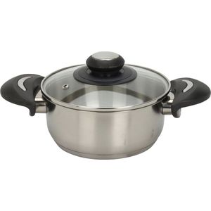 Roestvrijstalen kookpan met glazen deksel, 1,4 l / 16 x 13 cm, universele kookpan met handgrepen, pan voor pasta, soepen, sauzen, aardappelen voor alle warmtebronnen, vaatwasmachinebestendig