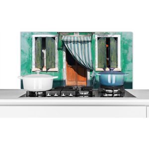 Spatscherm keuken 100x50 cm - Kookplaat achterwand Architectuur - Groen - Deur - Huis - Luiken - Muurbeschermer - Spatwand fornuis - Hoogwaardig aluminium