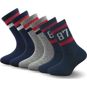 6 Paar sportieve kindersokken - Strepen - Marineblauw/Grijs - Maat 27-30