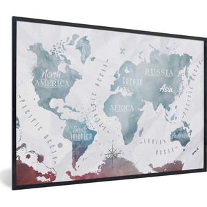 Fotolijst incl. Poster - Wereldkaart - Kleur - Topografie - 120x80 cm - Posterlijst