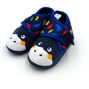 Jongens en meisjes baby / peuter / kleuter dinosaurus dieren pantoffels – zeer zachte sloffen - blauw met leuk dino gezichtje en print – sterke antislip – instappers met klittenband / velcro sluiting - maat 21