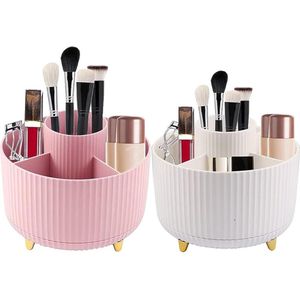 360 Degree Rotating Cosmetic Organiser - 2 Pieces Makeup Organizer - Eyeshadow Brush - Lipstick - Pencil Case - Cosmetische Organizer voor Kamerdecoratie - Dressing Table - Slaapkamer - Badkamer (Roze + Wit)