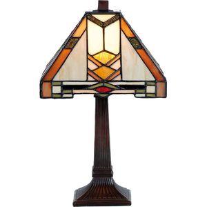 HAES DECO - Tiffany Tafellamp 22x22x38 cm Beige Geel Glas Tiffany Bureaulamp Tiffany Lampen Glas in Lood