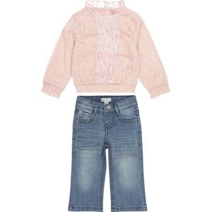 Koko Noko - Kledingset - 2 delig - Jeans blauw wide leg - Blouse Dusty Pink met kant - Maat 116