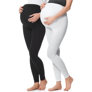 Be Mammy BE-BE20-230-LE-2P 2Pack Dames Zwangerschapsleggings Leggings - Sport - Vrijetijdsbroek - Lang - Katoen - Sporbroek – Yogabroek - Zwart/Wit - XXL