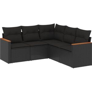 vidaXL - 5-delige - Loungeset - met - kussens - poly - rattan - zwart