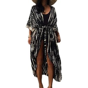 Plus - Lange strandjurk dames - Zomer pareo - Maxi strandjurk - Boho kimono - Strandcardigan - Bloemen - Cover-up - Zwart - Eenheidsmaat