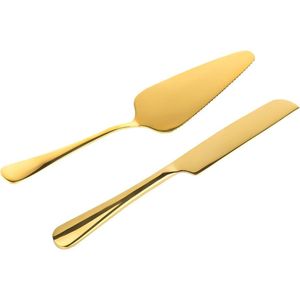 Bruidstaartmessenset - Roestvrij Staal - Taartsnijset voor Bruiloft en Verjaardag (Goud) - Set van 2