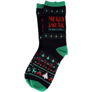Kerstsokken Merry Drunk I’m Christmas | Maat 35-38 - Zwart & Groen | Comfortabel & Leuk Cadeau - Warme Kerstsokken met Humor