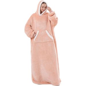 Oversized Draagbare Deken Hoodie voor Vrouwen, Kinderen en Heren - Gezellige Sherpa-gevoerde Sweatshirt Deken in Roze