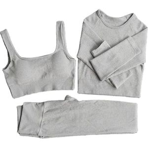 Gymset - LIGHT RIBBED - Maat L - Lichtgrijs- Grijs - 3delig - Sportkledingset - Sportset - Gymlegging en top - Fitness set - Fitness legging & top - Yoga set - Yogalegging en top