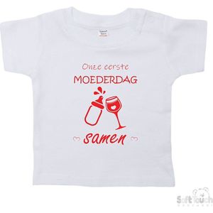 Soft Touch T-shirt Shirtje Korte mouw ""Onze eerste moederdag samen!"" Unisex Katoen Wit/rood Maat 62/68