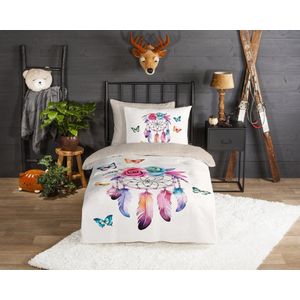 Good Morning - Kinderdekbedovertrek - Wit - Dromenvanger/ Veren/ Vlinders - 140x200/220 cm - Katoen Flanel