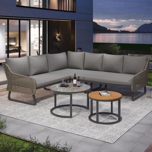 Tuinmeubelset voor 6-7 personen, loungeset voor buiten, rotan ambacht, met twee tafels, met gegalvaniseerd ijzeren frame, verstelbare poten, inclusief alle zit- en rugkussens, grijs