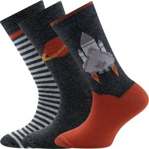 Ewers Kindersokken Ewers - Set / 3-Pack - Spaceshuttle & Streepjes & Saturnus/Planeet - Donkergrijs & Lichtgrijs & Oranjebruin-23/26