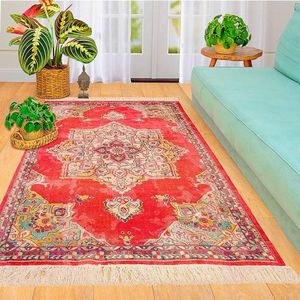 120 x 180 cm Marokkaans modern rood roze vintage karpet met franjes - digitale print katoen - bohemien tapijt - decoratief accent voor u woonkamer, slaapkamer
