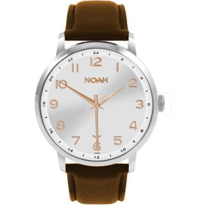 NOAH Slim Line GMT Silver Rose leather - horloge met soepele lederen band - Ø 43 mm - rose/zilver