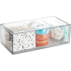 Vierkante Houder voor Oorbellen en Wattenstaafjes - Lade Organizer met 3 Compartimenten en Acryl Deksel - Make-up Opbergbox voor Badkamer
