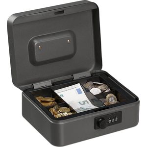 Relaxdays geldkistje met cijferslot - geldkluisje slot - kistje voor geld - geldcassette - grijs