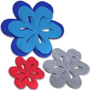 Pannenbeschermers van vilt, 12 stuks, bloemenvorm, stapelbescherming, 35 cm, koningsblauw, 25 cm, hemelsblauw, 20 cm, zilvergrijs, 15 cm, rood, voor pannen en schalen